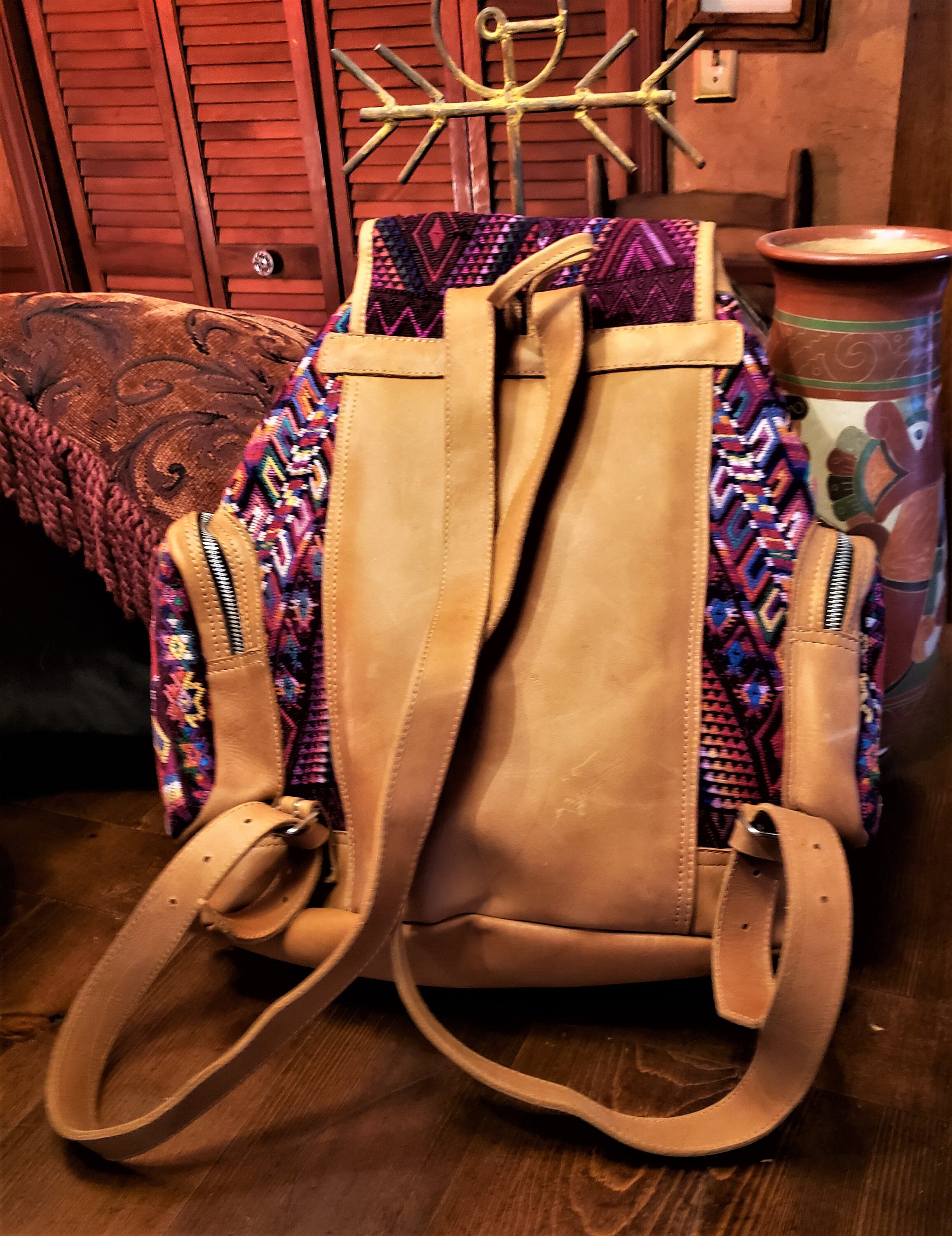 Huipile & Leather Backpack Huipil Backpack – Handmade with Vintage Mayan Textiles  main image 3