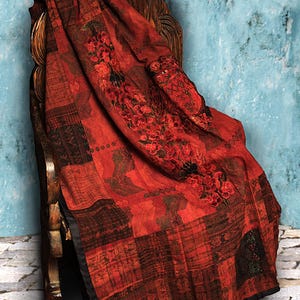 Red and Rust Cotton Huipile Embroidered Throw Blanket