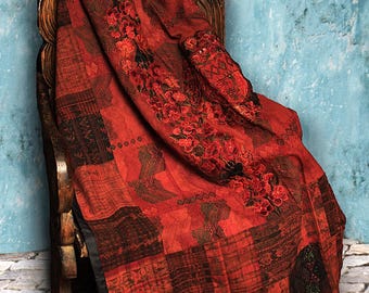 Red and Rust Cotton Huipile Embroidered Throw Blanket