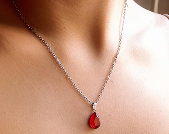 Ruby Necklace • Red Gemstone Necklace • Faceted Natural Ruby Drop • Elegant & Minimalist • Gold or Silver