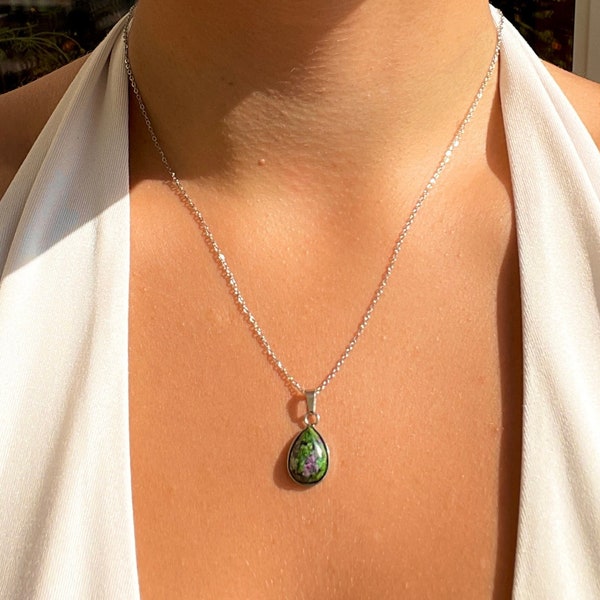 Ruby in Zoisite Necklace Silver • Real gemstone necklace with drop pendant for women • Healing stone green pink • minimalist