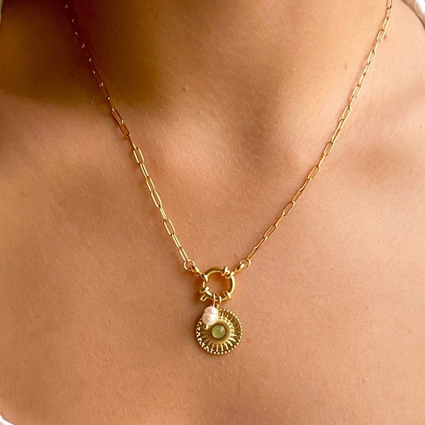 Natürliche Aventurin Halskette • Echte Edelstein Kette mit Federring & Süßwasserperle • grüner Heilstein minimalistisch • Geschenk für Damen