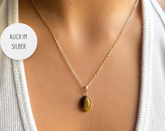 Tigerauge Kette • Edelstein Halskette mit braunem Tigerauge Anhänger oval • Natürlicher Heilstein • Gold o. Silber • minimalistisch