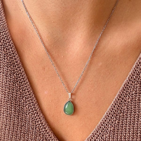 Green Aventurine Necklace • Gemstone Drop Necklace • Green Natural Stone Pendant • Gold & Silver • Gift for Women