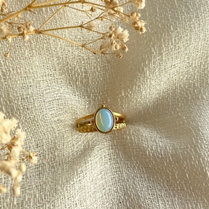 Op de afbeelding: Een goudkleurige ring met een ovale, opalescente steen. De ring heeft een dubbelbandontwerp met decoratieve details. De achtergrond is een textiel van gebroken witte kleur, met gedroogde bloemen in de linkerbovenhoek.