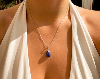 Delicate lapis lazuli necklace silver • Genuine gemstone necklace blue • Healing stone drop pendant • minimalist • women's gift • tear-shaped