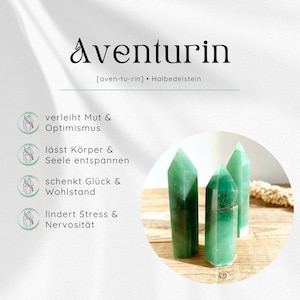 May include: Three green aventurine crystal points with a pointed top and hexagonal base. The image includes the text Aventurin, [aven-tu-rin] &bull; Halbedelstein, and four bullet points with icons describing the properties of the green stones.