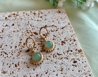 Delicate aventurine earrings, 18k gold plated • Green gemstone hoop earrings • Filigree natural stone earrings, gold • Minimalist