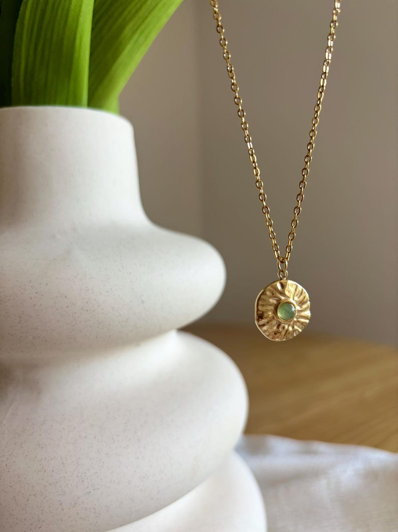 Aventurine necklace, gold-plated • Green gemstone necklace • Natural stone pendant • 18k gold-plated • Minimalist image 2