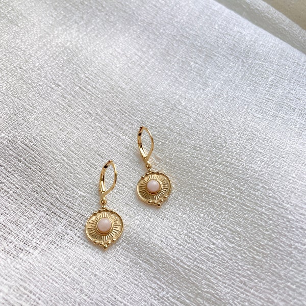 Delicate rose quartz earrings gold • gemstone hoop earrings 18k gold plated • pink healing stone pendant • stainless steel