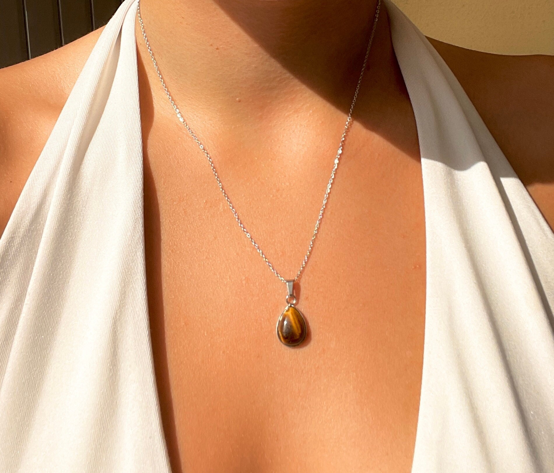 Collier En Argent 925 Avec Pierre œil De Tigre Doré - Fait Main, Longueur 21 Pouces