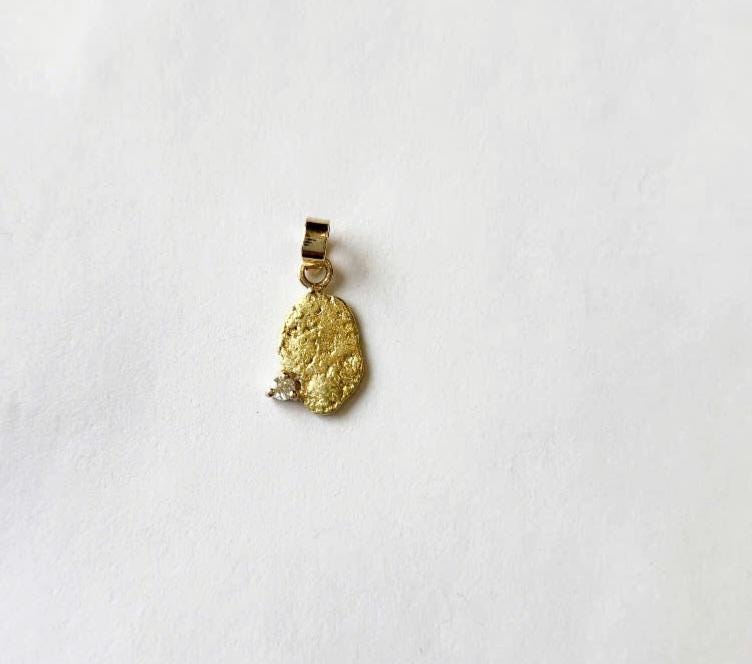 Natural Gold Nugget Pendant, Alaska Nugget Pendant, Gold Nugget and Moissanite, Real Alaska Genuine Gold Nugget