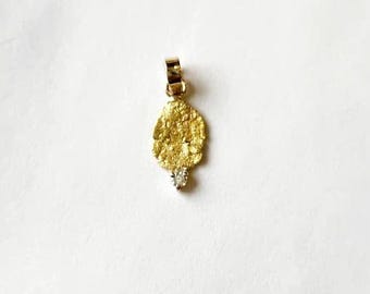 Natural Gold Nugget Pendant, Alaska Nugget Pendant, Gold Nugget and Moissanite, Real Alaska Genuine Gold Nugget