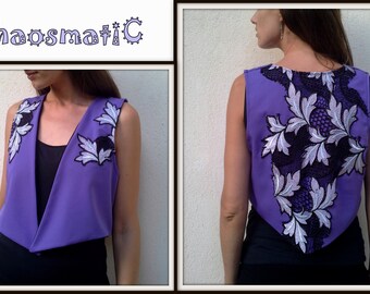 Gilet d’été ouvert court violet/patch floral/extrémités pointées/vêtements de festival/vêtements rave/faits à la main/psychédéliques/vêtements artistiques/art/tricot