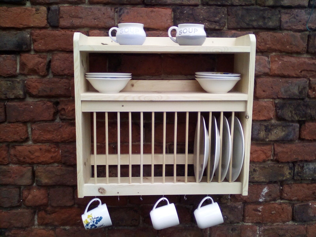 Plate rack wooden with shelves and hooks for hanging cups Etsy 日本
