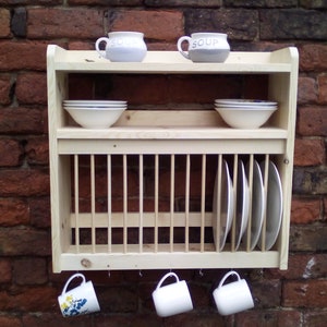 Plate rack wooden with 2 shelves and hooks for hanging cups will fit 11" plates 1 4  of them  reclaimed timber hand made