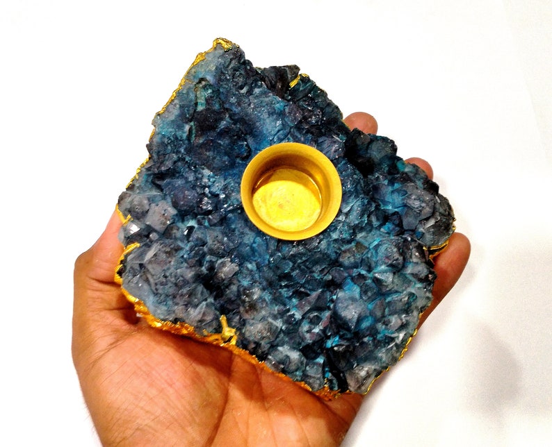 Blue Agate Natural Druzy Crystal Candle holderGemstoneCrystal Candle HolderQuartzNatural Clustercandle stand