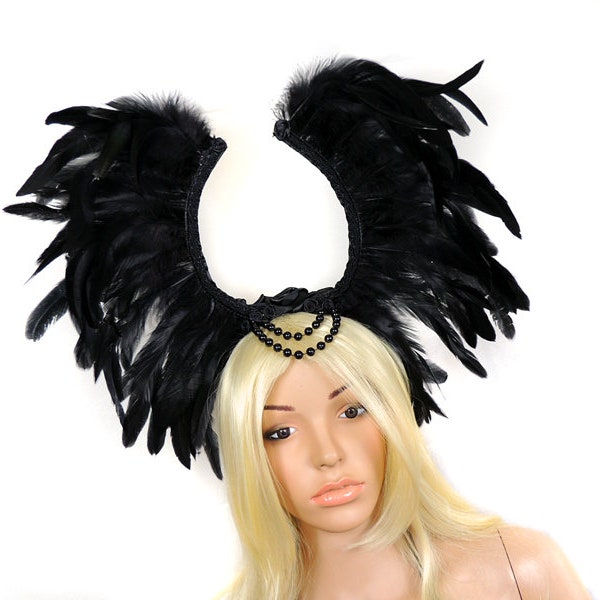Gothic Kopfschmuck Feder Flügel schwarz Headdress Headpiece Burlesque Fantasy Halloween Schwan Karneval Kostüm