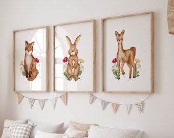 Children's poster forest animals - hedgehog, fox and deer - lovingly designed watercolor illustrations - in a set of 3 or individually - wall decoration for children's rooms