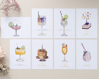 8-er Set Glückwunschkarten mit feinen Aquarell Cocktail- und Tortenmotiven, Happy Birthday | Alles Liebe | ein Hoch auf Dich | Cheers