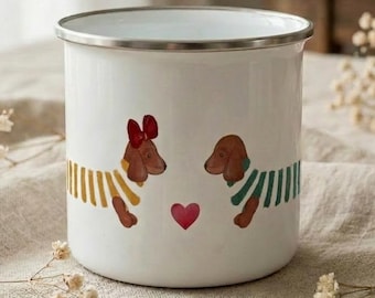 Dachshund Gift | Enamel Mug with Dachshund Couple | Gift Idea for Dachshund Lovers | Hand-Painted Dachshund Illustration with Heart