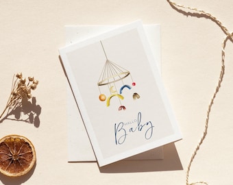Hello Baby Card | Mobile | Folding card | Watercolor illustration | Kraft paper envelope | DIN A6