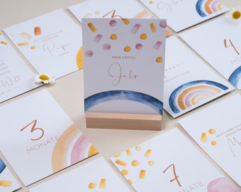 30 Baby Milestone Cards for the First Year | Rainbow Set | Birth Gift | 30 Cards optionally with additional wooden card holder