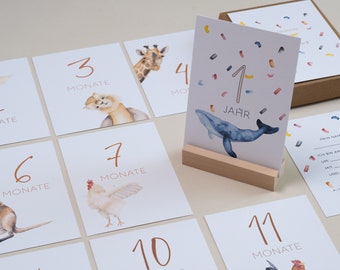 15 Baby Milestone Cards for the First Year | Monthly Cards "Lucky Animals" | Birth Gift | 15 cards optionally with wooden card holder