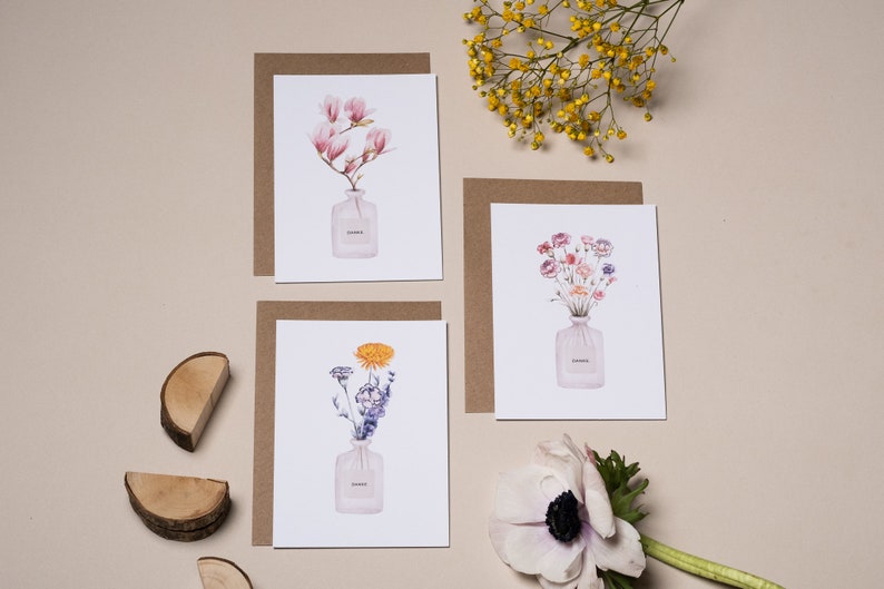 Dankeschön Trio Kartenset, 3 Dankeskarten in floralen Aquarelldesigns, inklusive Kuverts, Klappkarte oder Postkarte DIN A6 Bild 3