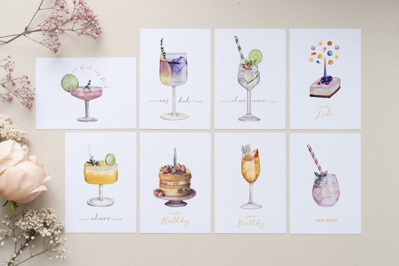 8-er Set Glückwunschkarten mit feinen Aquarell Cocktail und Tortenmotiven, Happy Birthday Alles Liebe ein Hoch auf Dich Cheers Bild 1