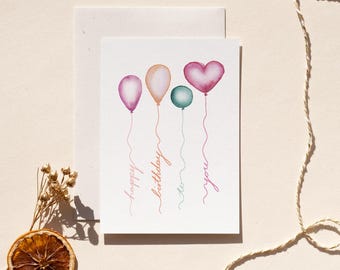 Happy Birthday Balloons I Watercolor Birthday Card I DIN A6 I with grass paper envelope I as postcard or folding card