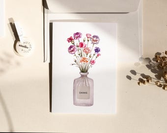 Thank you card "Rainbow Flowers" | Thank you | Folding card | Bouquet | Watercolor illustration | Optionally with grass paper envelope | DIN A6