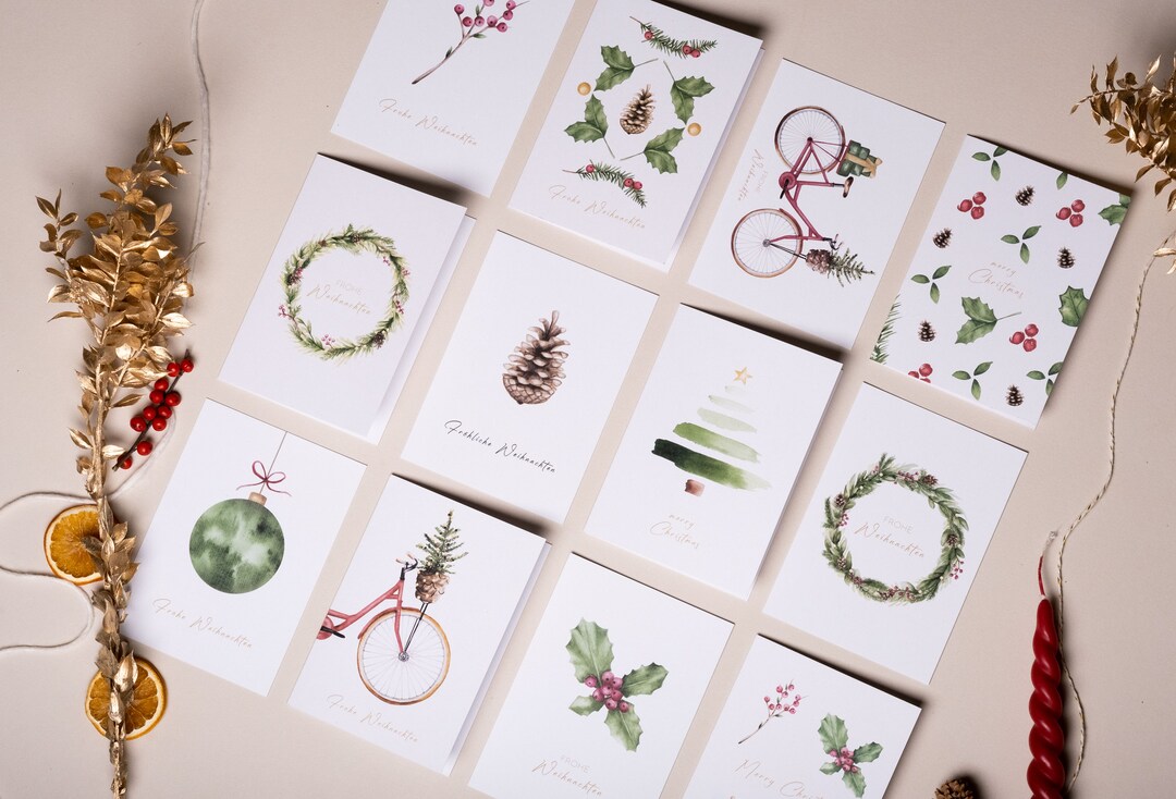 12-er Set Weihnachtskarten Aquarell-Weihnachtsmotive auf - Etsy.de