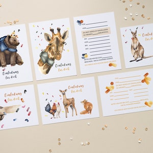 Invitation anniversaire enfant | Ensemble de 5 « Animaux heureux » | Cartes postales DIN A6 | Fête d'anniversaire sur le thème des animaux | Ensemble d'invitations