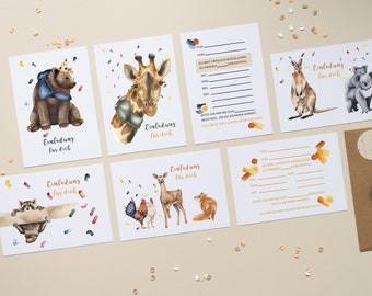 Einladung Kindergeburtstag | 5-er Set "Happy Animals" | DIN A6 Postkarten | Tiermotive Geburtstagsparty | Einladungsset