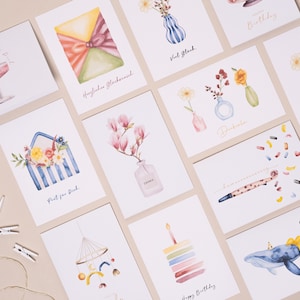 Set van 12 "Kleurrijke" wenskaarten voor elke gelegenheid, 6 ansichtkaarten en 6 gevouwen kaarten, aquarelmotieven op duurzaam papier, wenskaarten