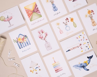 12-piece greeting card set "Colorful" for every occasion, 6 postcards & 6 folding cards, watercolor motifs on sustainable paper, greeting cards
