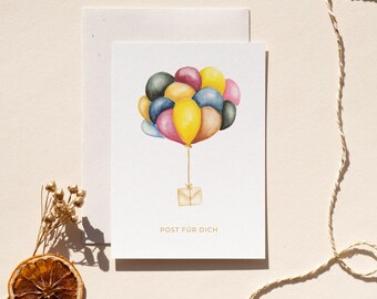 Greeting card "Post for you" | Balloons | Folding card | Just like that | Watercolor illustration | Grass paper envelope | DIN A6