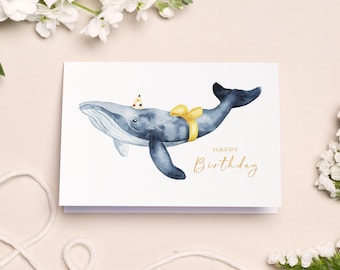 Birthday card "Lucky Whale" | Happy Birthday | Folding card | Whale with hat | Watercolor illustration | with grass paper envelope | DIN A6