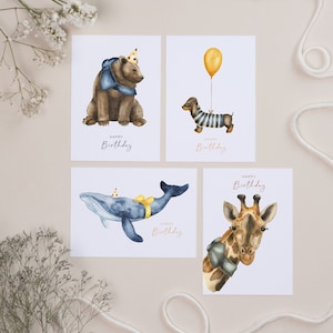4er Set "Happy Birthday Animals" | umweltfreundliches 300g GMUND Papier | A6 Postkarten oder Klappkarten | Geburtstagskarten Set