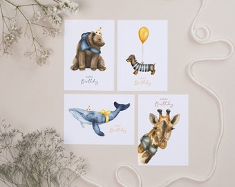 4er Set "Happy Birthday Animals" | umweltfreundlicher 300g Recyclingkarton | A6 Postkarten oder Klappkarten | Geburtstagskarten Set