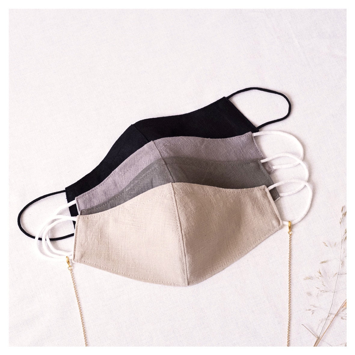 SET or single women linen mask with/or mask chain gold plated, linen …