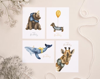 Set of 4 "Happy Birthday Animals" | environmentally friendly 300g GMUND paper | A6 postcards or folding cards | Birthday card set