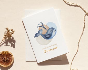 Parental leave card | Folding card | Whale with hat | Watercolor illustration | With grass paper envelope | DIN A6