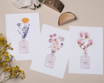 Dankeschön Trio Kartenset, 3 Dankeskarten in floralen Aquarelldesigns, inklusive Kuverts, Klappkarte oder Postkarte DIN A6