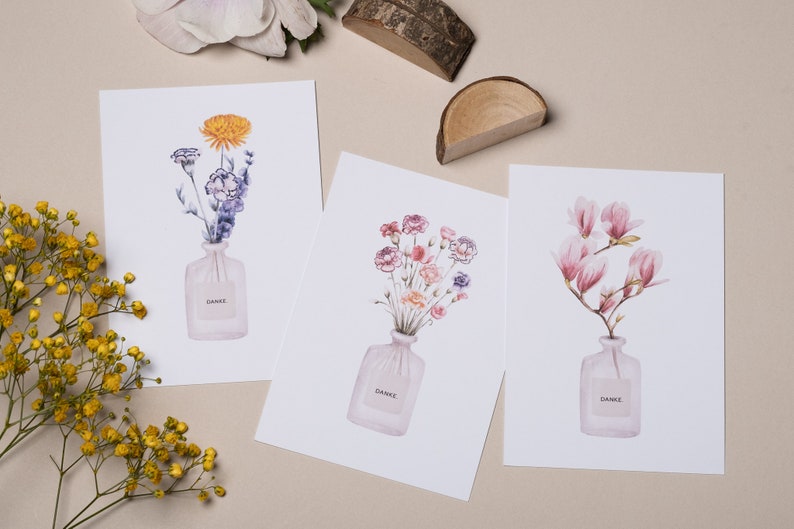 Dankeschön Trio Kartenset, 3 Dankeskarten in floralen Aquarelldesigns, inklusive Kuverts, Klappkarte oder Postkarte DIN A6 Bild 1