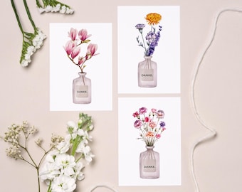 Thank you trio card set I 3 thank you cards in floral watercolor designs I Folding card or postcard DIN A6 I optionally with envelopes