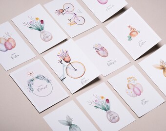 Easter cards in a set of 12 | Watercolor Easter motifs on sustainable 300g GMUND paper | 6 postcards & 6 folded cards | Envelopes optional