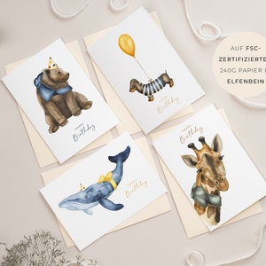 Set di 4 "Animali di buon compleanno" | Carta certificata FSC da 240g colore avorio | Carte pieghevoli | Formato A6 o B6 | Set di biglietti d'auguri