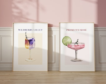 "Cheers" Wall Art | Cocktail Illustration | Wildberry Lillet | Prosecco Rosé | Watercolor | Modern Interior